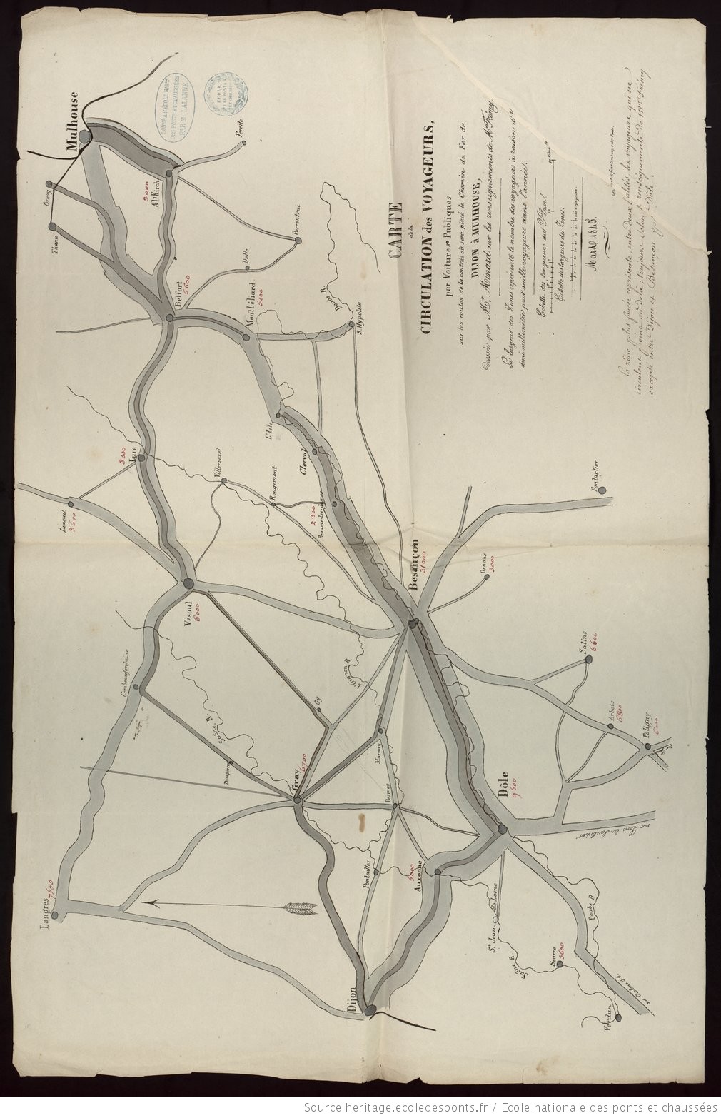 Carte de la Circulation des Voyageurs par Voitures Publiques sur les routes de la contrée où sera placé le Chemin de Fer de Dijon à Mulhouse, 1845