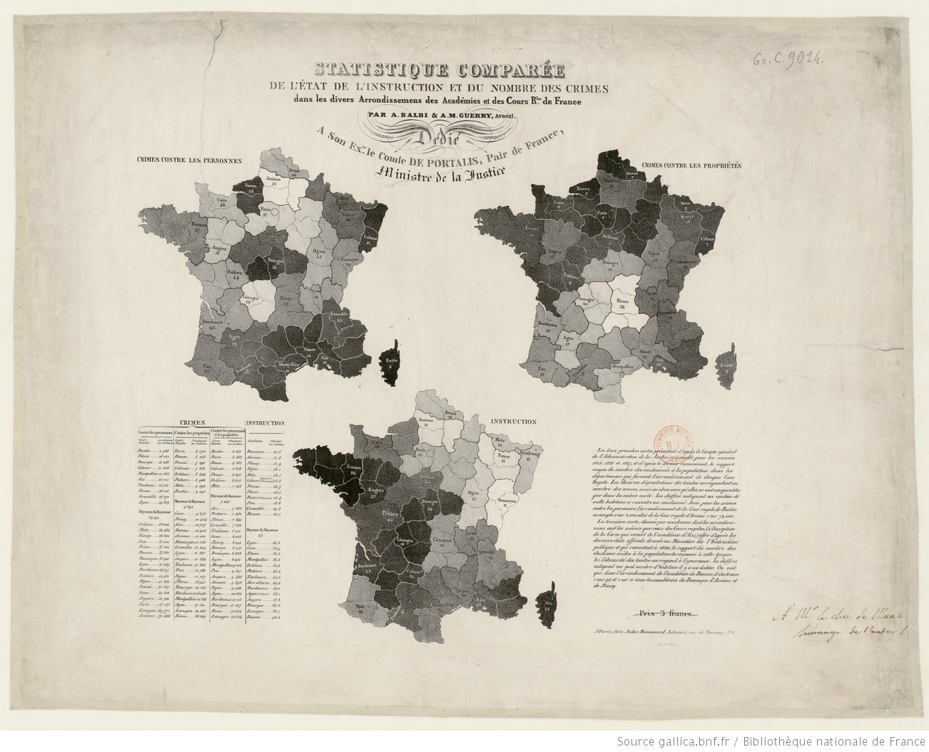 Statistique comparée de l'état de l'instruction et du nombre des crimes dans les divers Arrondissements des Académies et des Cours Royales de France par A. Balbi et A.-M. Guerry